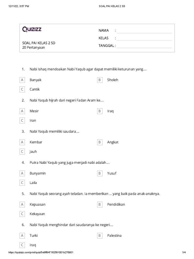 Soal Ujian Akhir Tahun PAI Kelas 2 SD