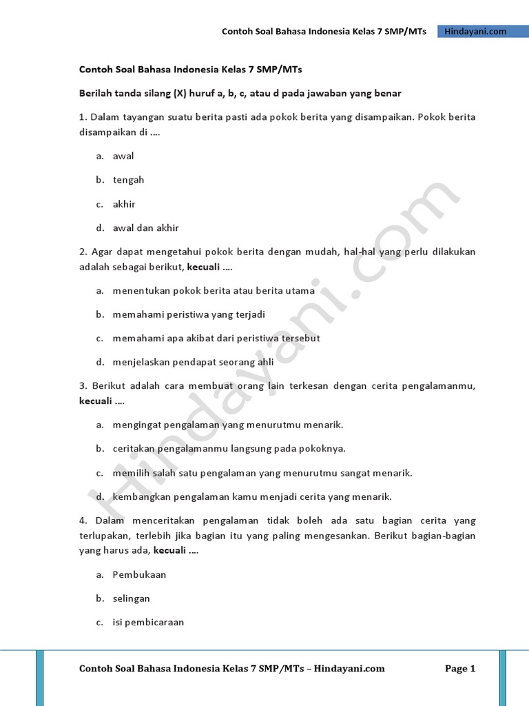 20 Soal UAS Bahasa Indonesia Kelas 7 SMP Semester 2 Kurikulum Merdeka dengan Kunci Jawaban