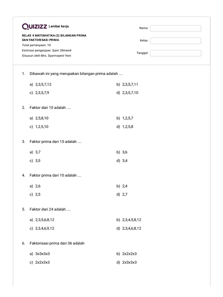 30 Soal Matematika SMP 2026: Bilangan, Faktorisasi Prima, Rasio dan Jawaban